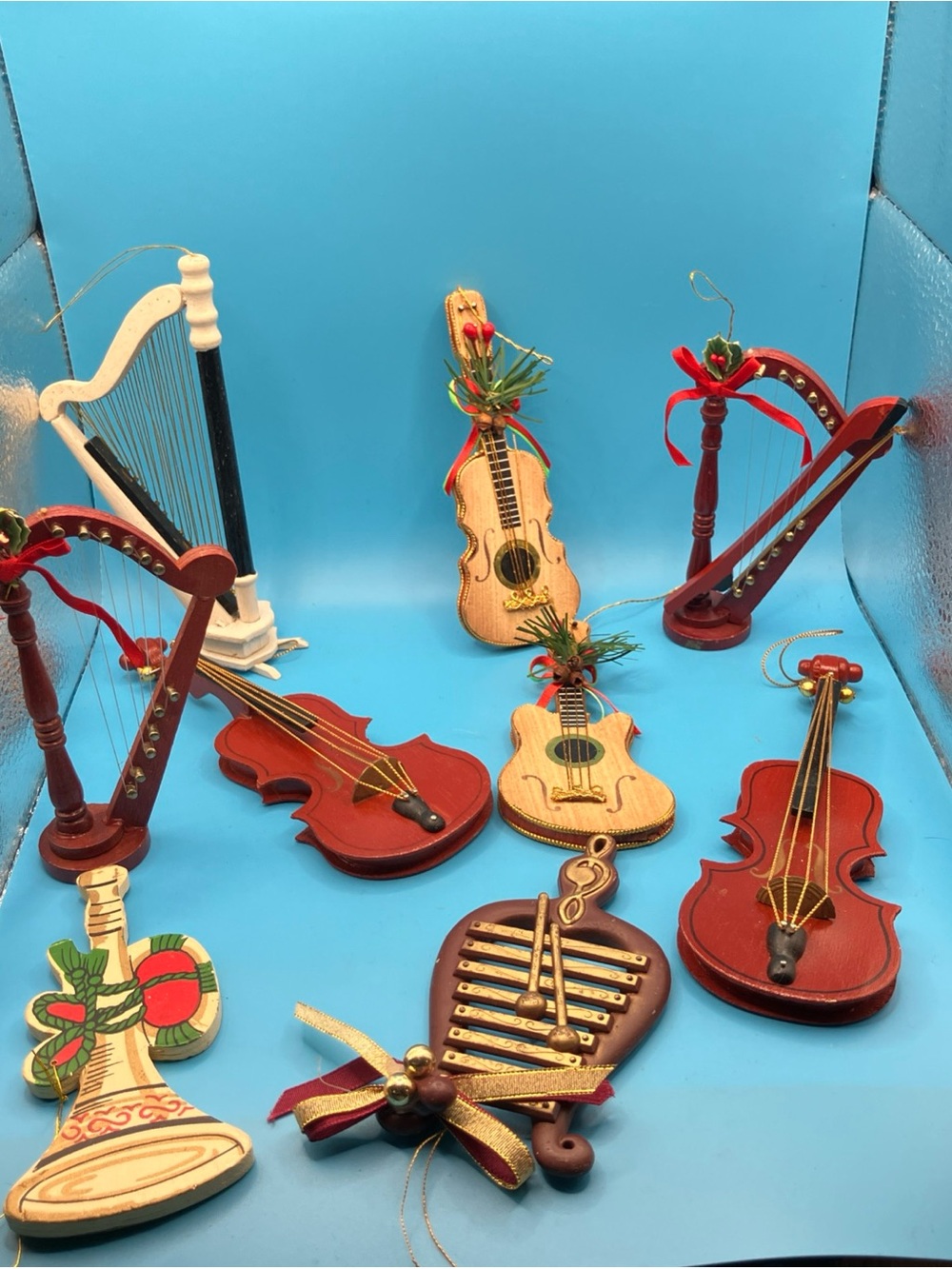 Handmade Wooden Musical Instrument Ornaments - Red & Natural